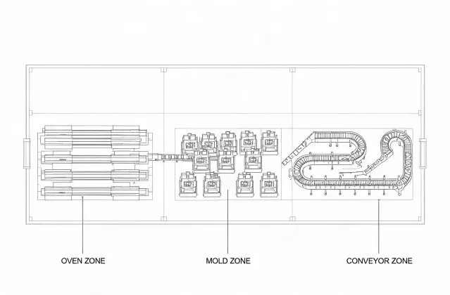 Planning illustration of a PET blowing hall layout for RFQ discussion, not a real office map